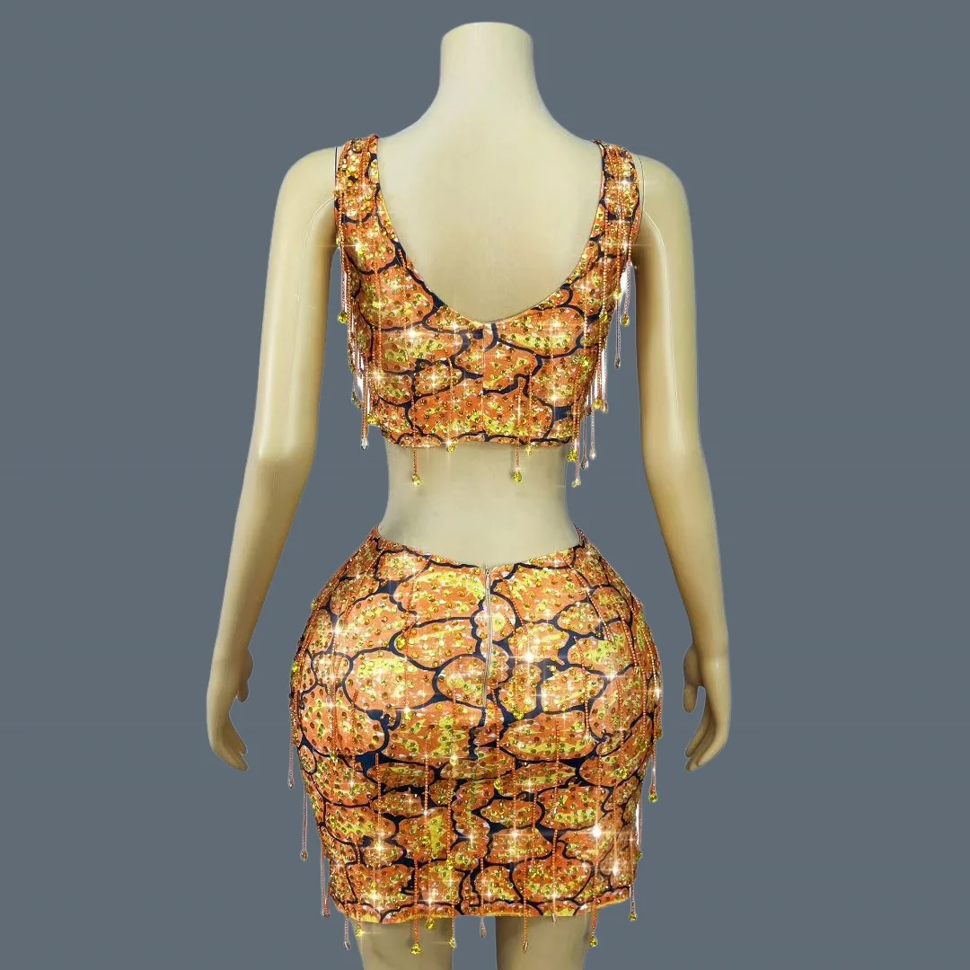

Halloween Pumpkin Orange Dress Trendy Crop Tops Mini Skirt 2Pieces Set Festival Party Night Out Crystals Tassel Outfit Nanguato