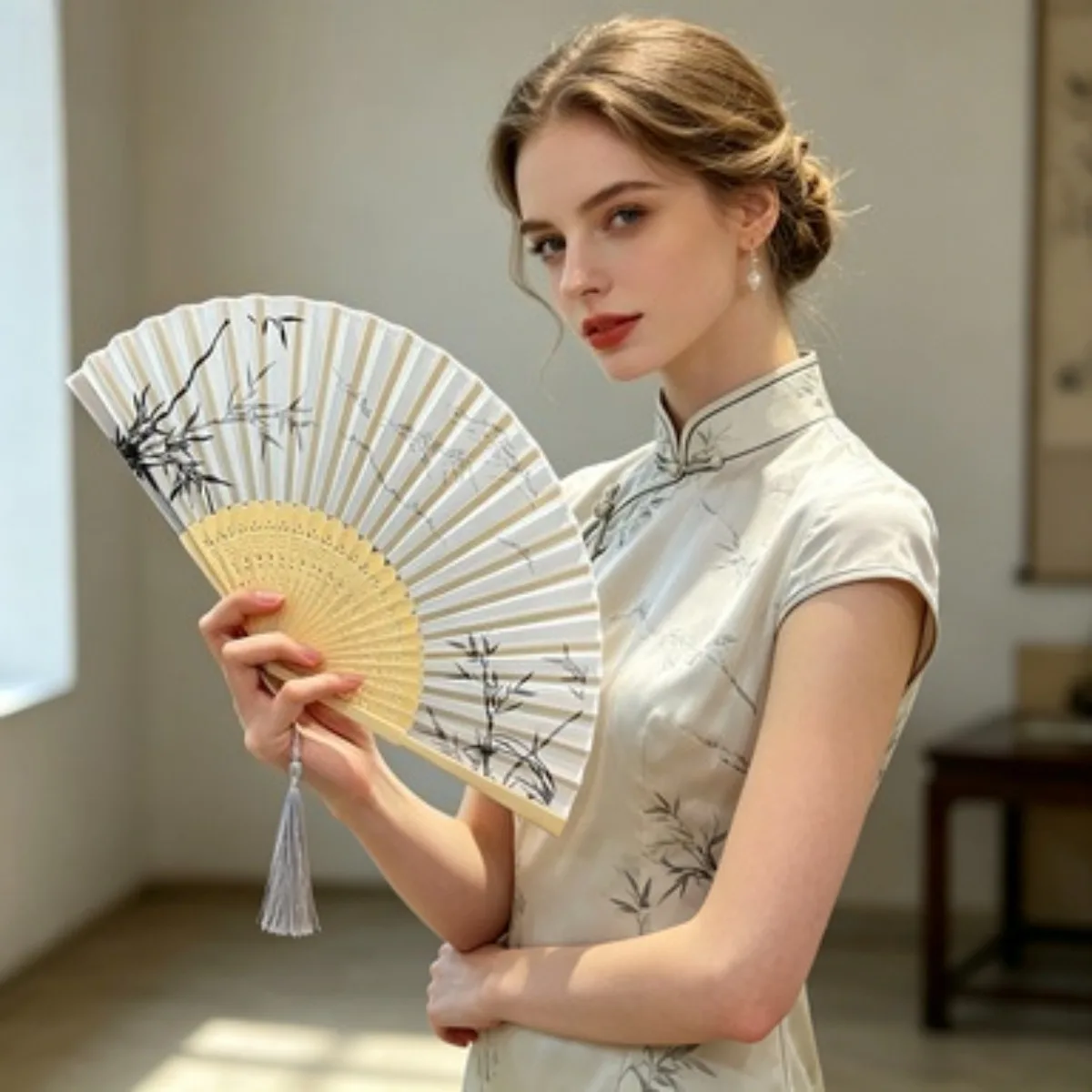 1pcs Chinese Style Ink Folding Fan, Bamboo Frame Handheld Fan with Tassel, Vintage Decorative Fan for Wedding, Hanfu, Dance