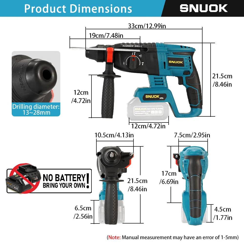Bor Palu Putar Tanpa Kabel SNUOK Bare Machine Brushless Rotary Hammer, Perkakas Listrik Rumah Tangga, Bor Impak Genggam untuk Baterai Lithium Makita 18V