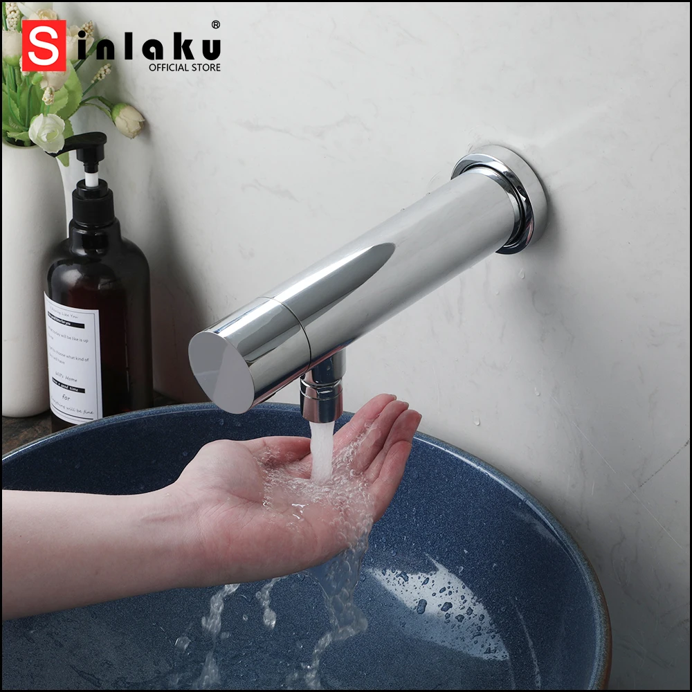 

SINLAKU Matte Black Bathroom Faucet Sensor Faucet Automatic Hands Free Touch Wall Mount Sensor Basin Sink Only Cold Tap Faucet