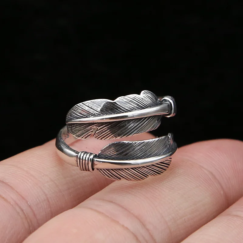 

S925 sterling silver jewelry japanese and korean stylish handmade retro thai silver open feather rings for men and women