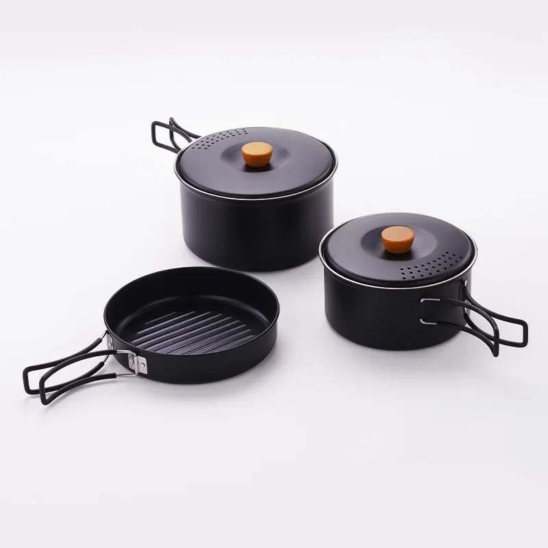 Ensemble d'ustensiles de cuisine de camping à revêtement antiadhésif noir pour 3 personnes, camping de voyage, escalade, activités de plein air décontractées, escalade sur glace