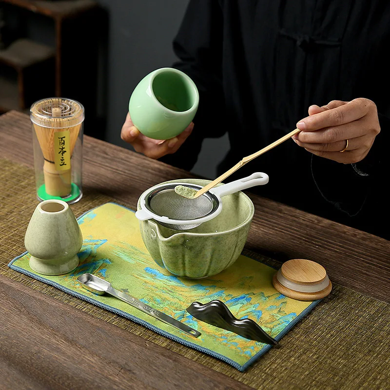 

Traditional Matcha Tea Set Ceramic Bowl Chasen Whisk Scoop Handmade Japanese Style Tea Ceremony Tools Complete Kit