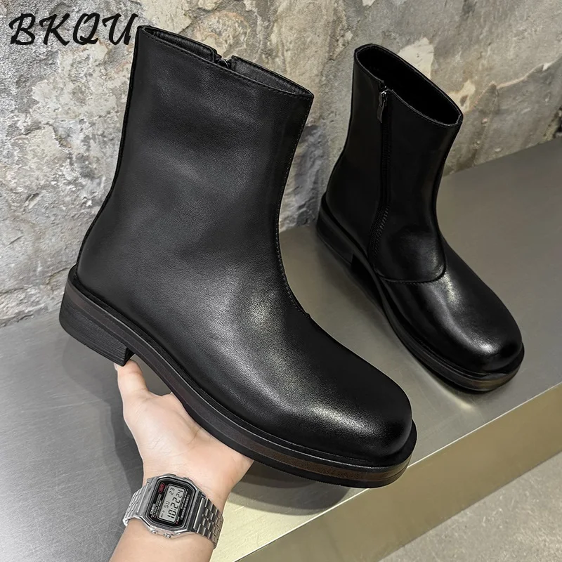 

BKQU Chelsea Boots Men's 2025 Autumn Workwear Mid Calf Thick Topped Cuff Inspired Insulated High Top British Leather Shoes
