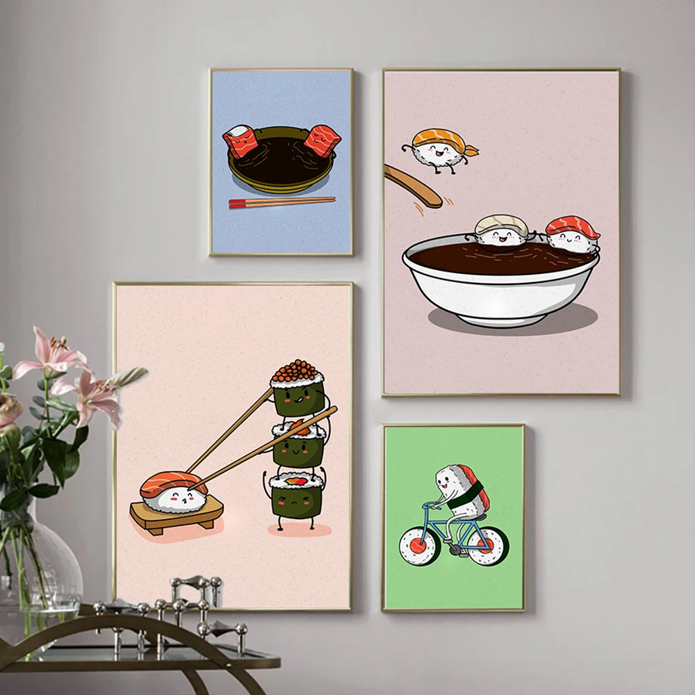 Affiche amusante de sushi de dessin animé, impression sur toile, thème aliments japonais, sushi sur vélo, tableaux muraux pour cuisine, restaurant, décoration intérieure