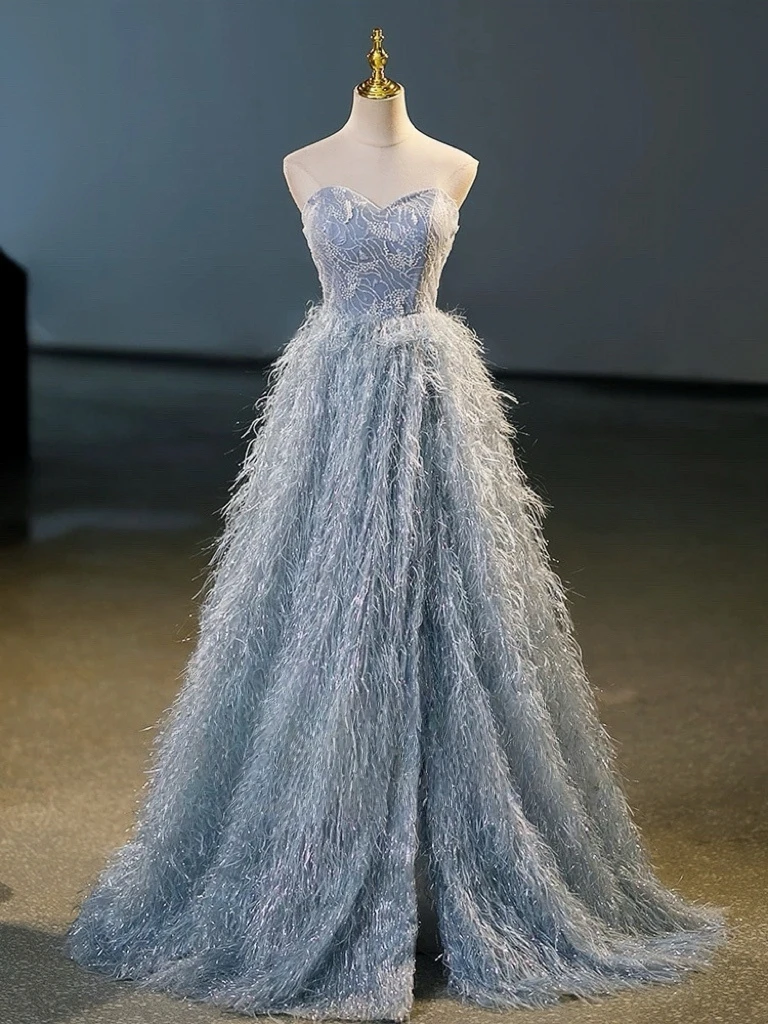 فساتين سهرة على شكل حرف A بدون حمالات بدون أكمام ريشة طول الأرض أنيقة طويلة ماكسي لحفلات الزفاف فساتين رسمية للنساء #2