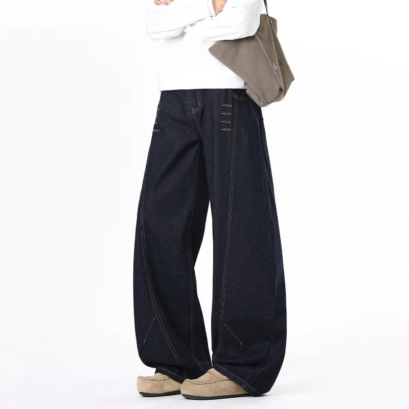 OIQERE Mens Heavyweight Washed Button Front Curved Blade Jeans Unique Design Loose Wide Floor Length Denim Long Pants