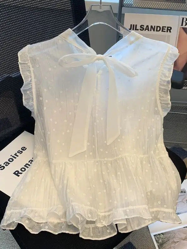 Korean Sle Polka Dot  Knot Chiffon Top Women's Svel Summer New Loose Slimming Faionable round Ne irt