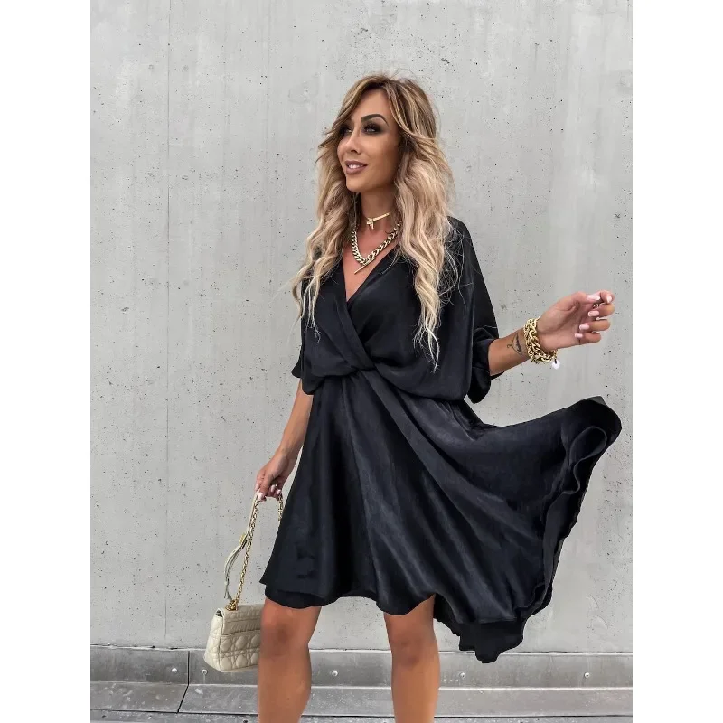 Women's Spring/Summer Commuter Dress Fashion V-neck Short Sleeved Solid Satin Loose Dress Leisure Vacation Party Women's Dress