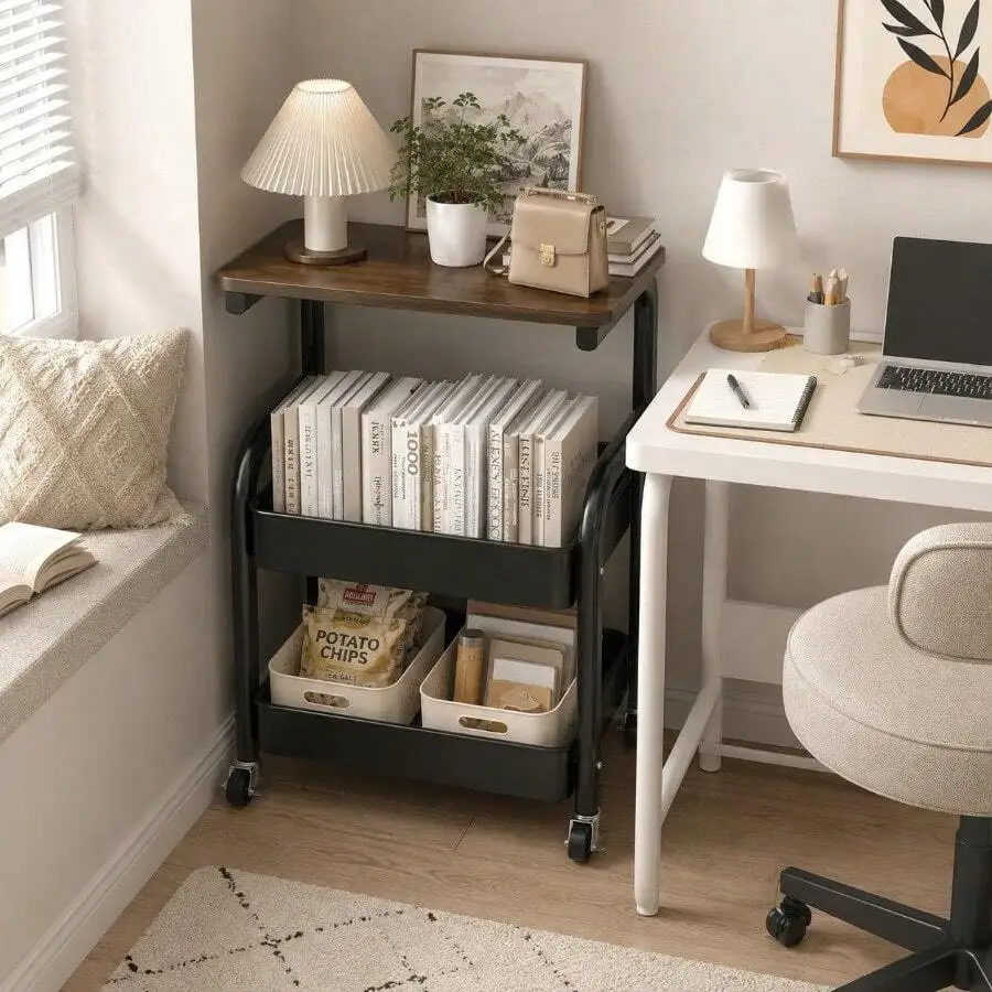 2-Tier Rolling Storage Cart With Tabletop, Mobile Utility Organizer With Mesh Baskets And Wheels, Compact Side Table Shelf For B