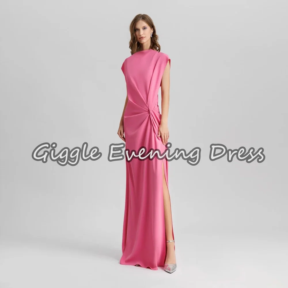 

Giggle Креп А-силуэта с круглым вырезом и складками длиной до пола, простые вечерние платья в Саудовской Аравии для женщин, 2025 г., арабское вечернее платье без рукавов с разрезом