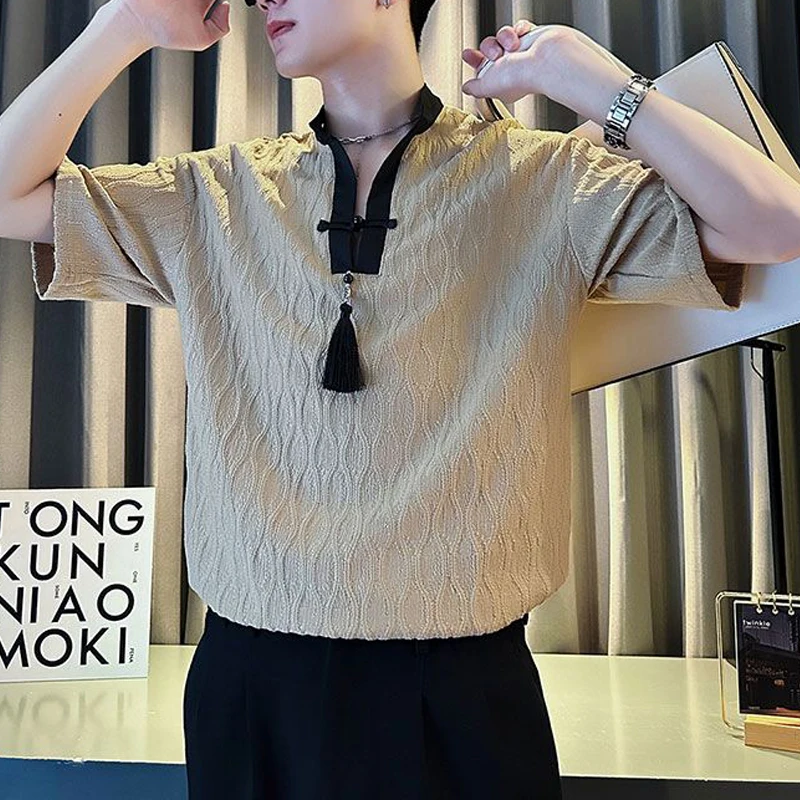 

Мужская новая винтажная рубашка в китайском стиле с коротким рукавом, быстросохнущая ледяная шелковая рубашка, летние свободные топы с воротником-стойкой контрастного цвета с кисточками