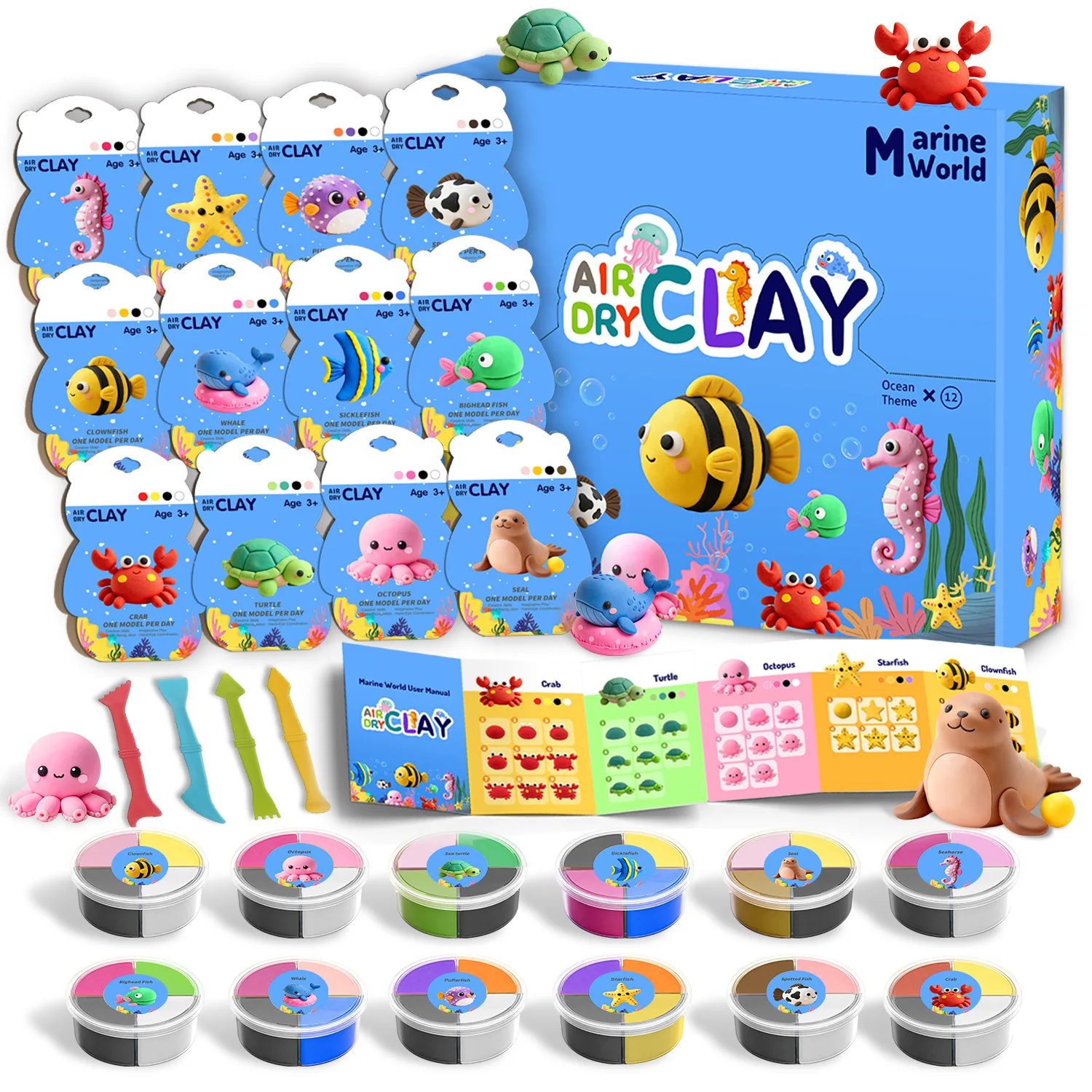 12 Pcs Ocean Animal Theme Ultra-light Clay Set 4 Grids Kids DIY Handcraft Educational Toy Parent-child Interactive Gift