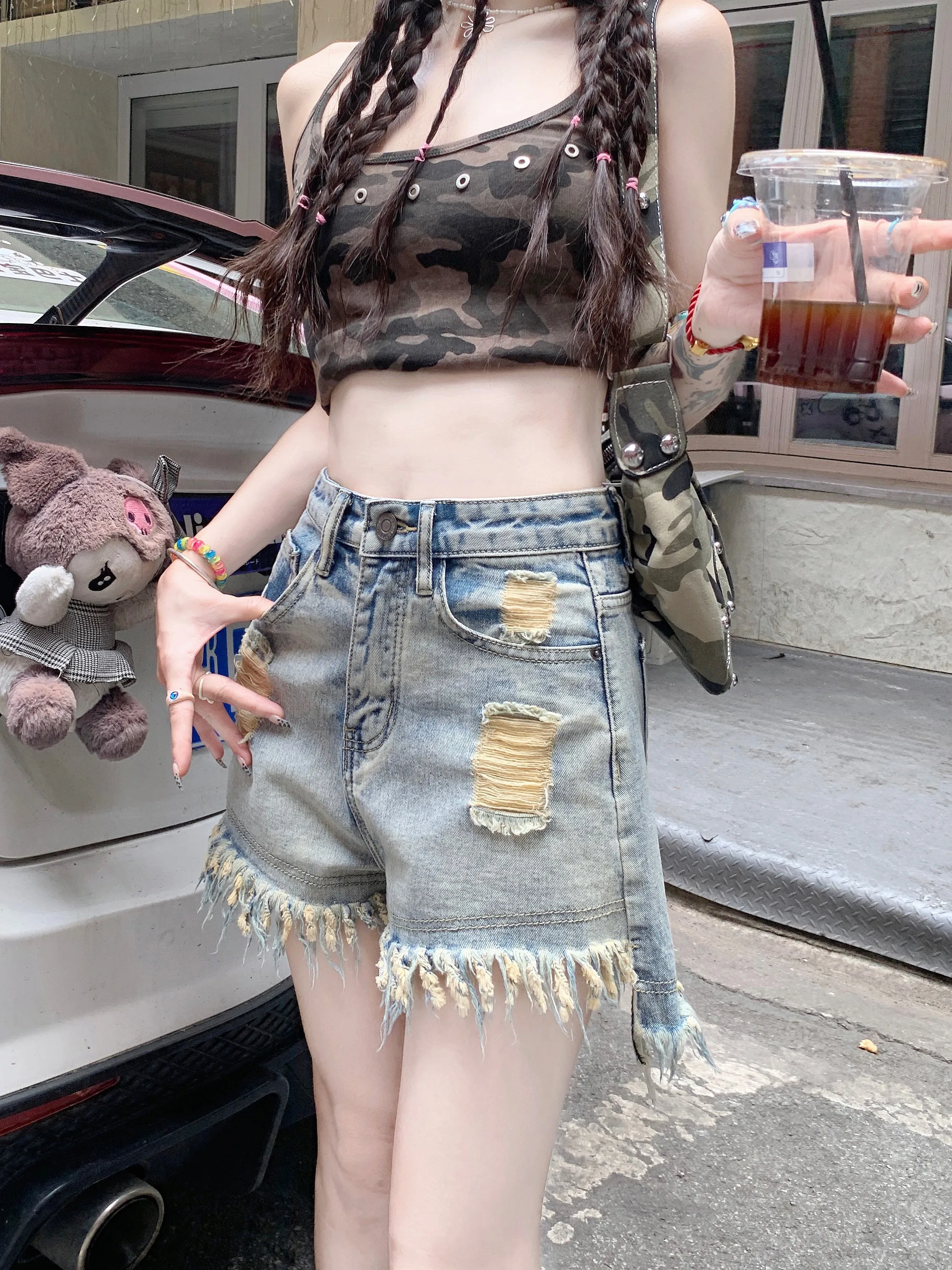 

Y2K Destroyed Raw Hem Denim Skirt Women Ripped Short Jean Skirt High Waist A-Line Summer Party Mini Skirt