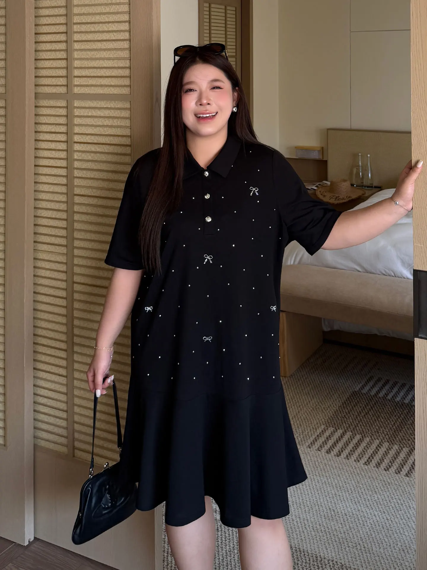 

Slimming A-Line Black Dress Bead Embellished Loose Fit Belly Covering Short Sleeve Midi Dress Casual Cotton Blend Summer...