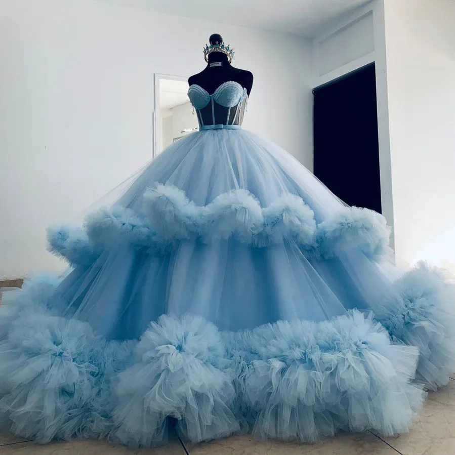 

Extra Puffy Prom Gowns Sky Blue Maxi Party Dresses Beading Ruffled Dubai Lush Sweetheart Luxury Ball Gown Layered