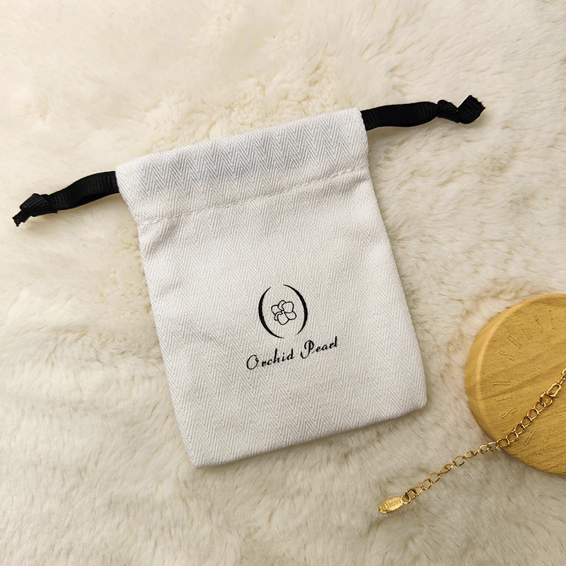 Custom Logo Printed Drawstring Cotton Canvas Jewelry Bag Small Canvas Gift Jewelry Pouch