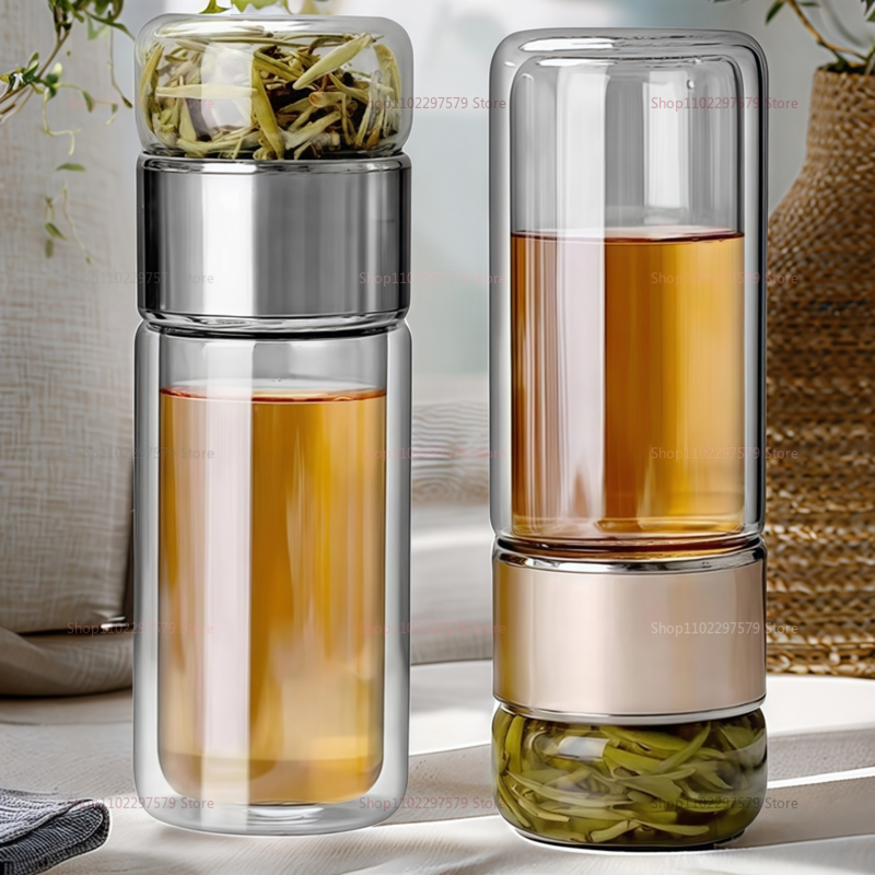  Double-layer glass tea bottle, insulated travel water bottle, equipped with tea filter, leak-proof hot water bottle, suitable fo 