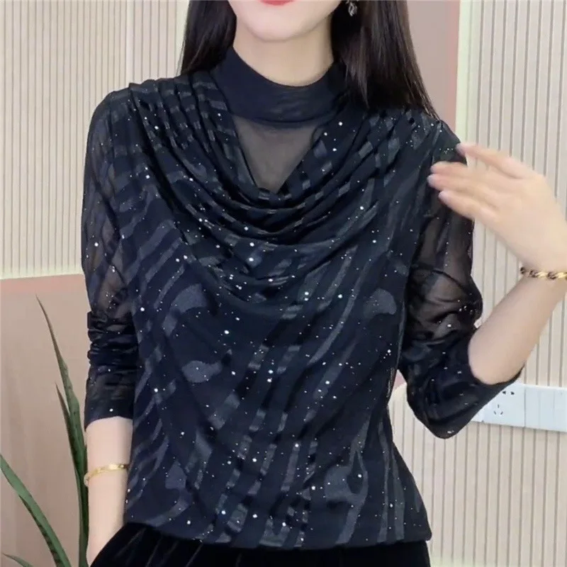 Women Rhinestone Elegant Sheer Mesh Half High Collar Ruched Tops Korean Fashion Long Sleeve Basic Tee T Shirt Femmes Clothes2023