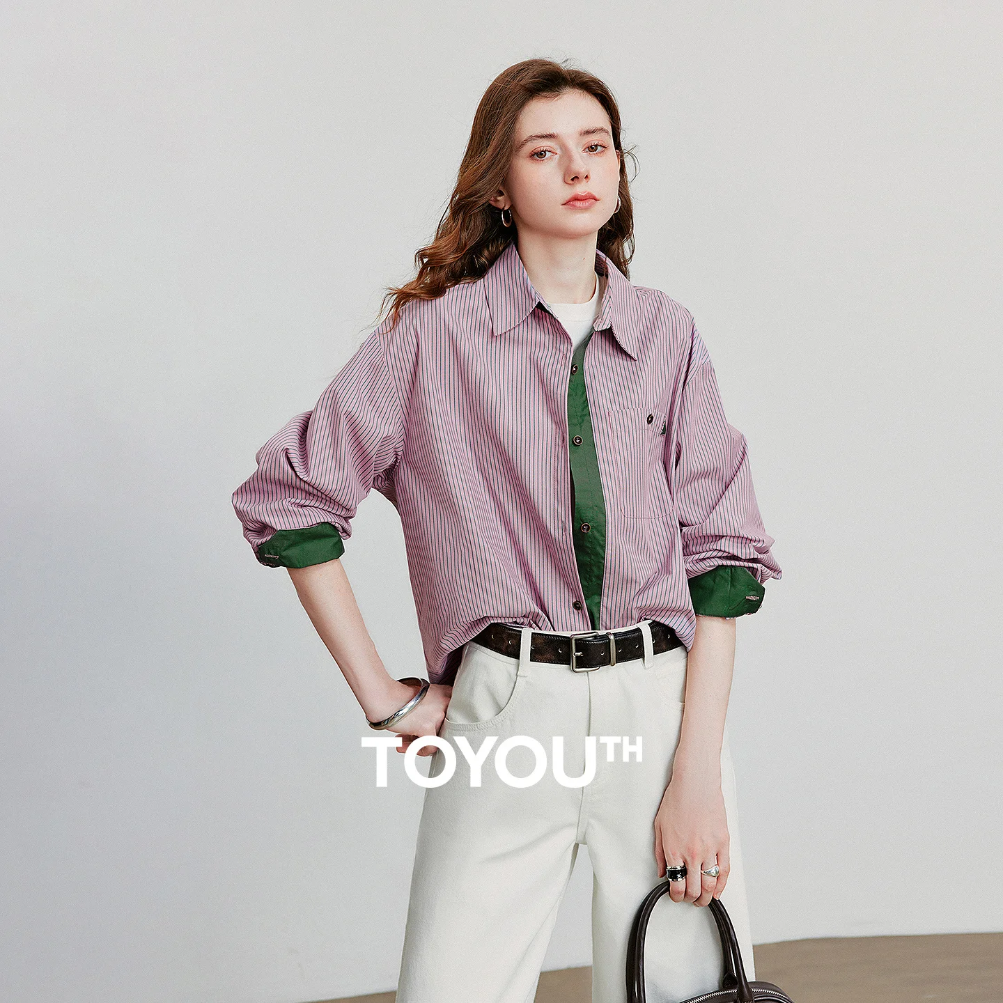 

TOYOUTH Women Blouse Shirt 2025 Autumn New American Retro Pure Cotton Striped Contrasting Splicing Turn Down Collar Shirt Tops