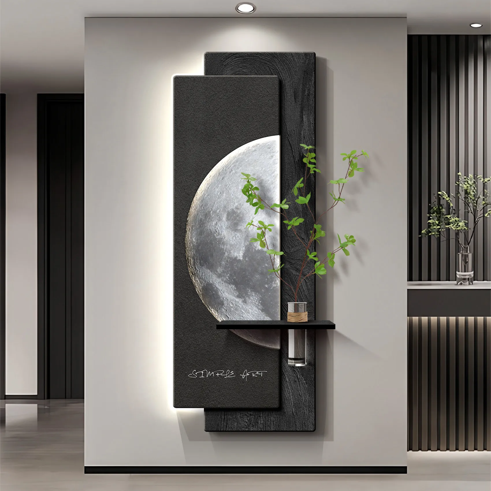 Middle ancient style entrance decoration painting, high-end LED lighting, wall hanging painting, hydroponic green plants, corrid