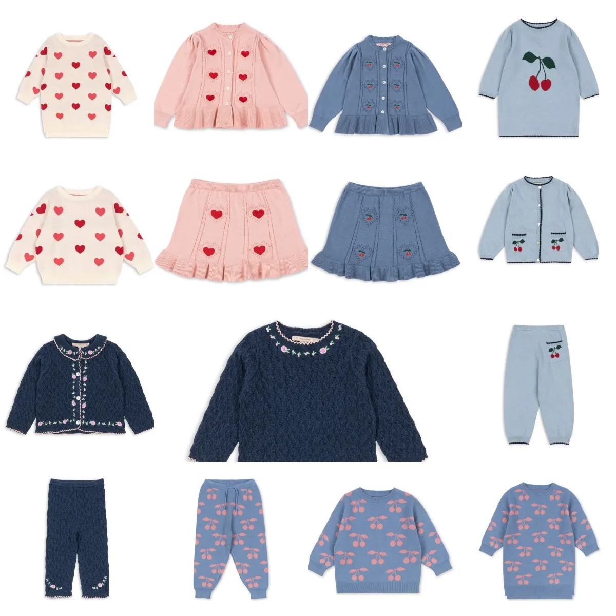 

New 25 Winter Kids Girls Sweater Children's Baby Girls Cherry Knit Cardigan Pants Girls Princess Knitted Dresses