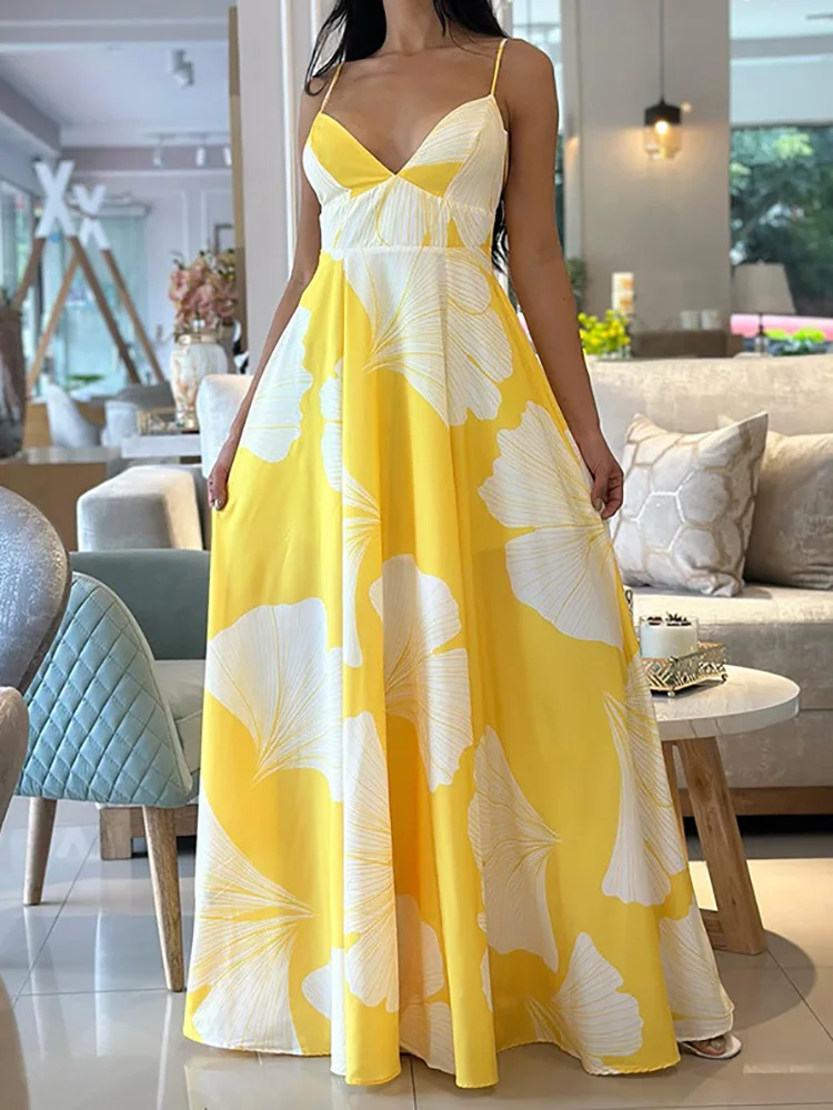 

Sexy Fashion Spaghetti Strap Loungewear Dress, Women Summer Holiday Sleeveless Elegant Maxi Dress, Deep V-Neck Chic Ladies Dress