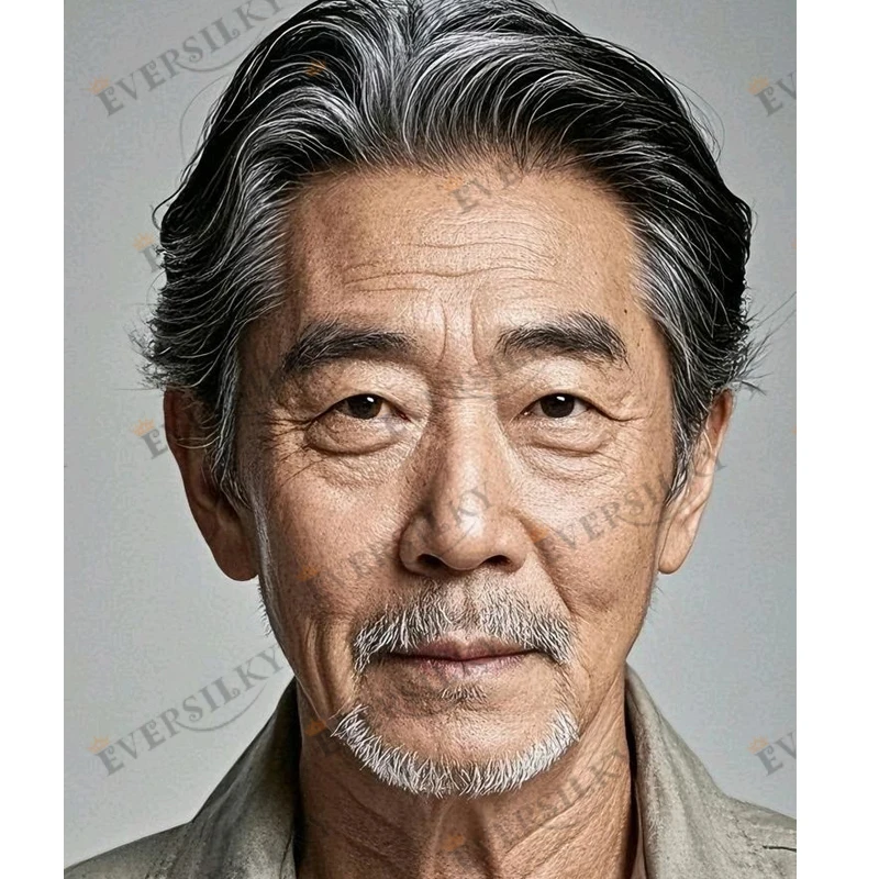 Microskin Men's Wig Natural Hairline #1B80 Gray Wave Human Hair Men Toupee Full Skin 0.02mm Super Invisible Ultra Thin Male Hair image 2