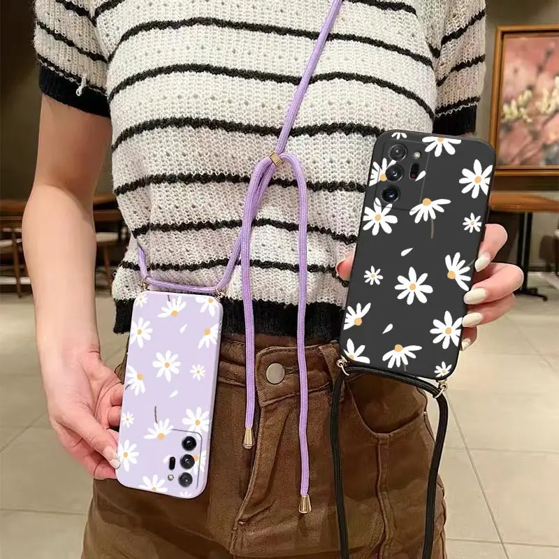 Note 20Ultra Fallen Flowers Lanyard Silicone Phone Case For Samsung Note 20 20Ultra 20Plus 10Plus M51 M32 M14 M33 M52 M42 Cover