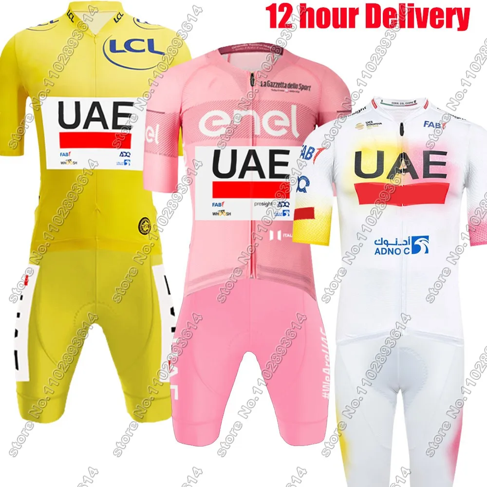 Pink UAE-Conjunto de ropa de ciclismo para hombre, Jersey y pantalones cortos con pechera, traje amarillo para bicicleta de montaña o de carretera, 2024