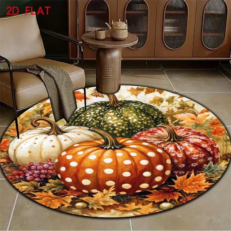 Vintage Autumn Pumpkin Maple Leaf Round Rug,Berry Floral Fall Harvest Printed Circular Floor Mat,Balcony Indoor Carpet