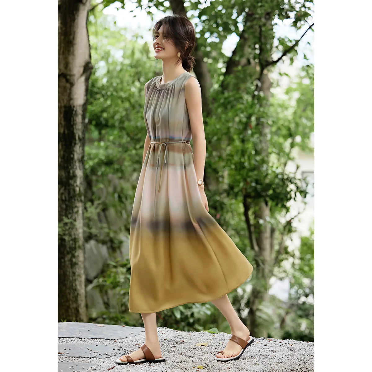 

Hot Girl Tie Dye Printed Sleeveless Dress for Women's Summer Lace-up Off Shoulder A-line Long Dress Fashion Female Clothes