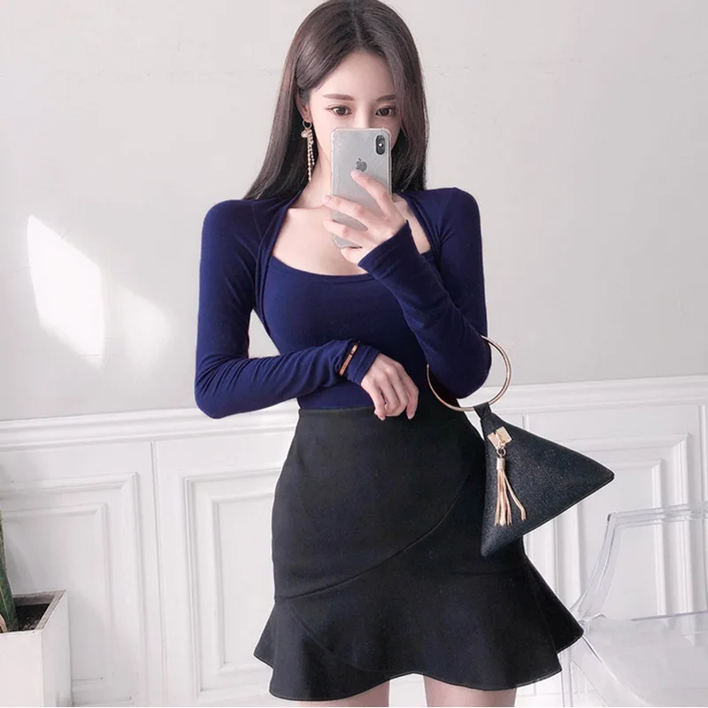 Korean Dongdaemun women's autumn bust-enhancing, sexy, pure desire, stretchy, slim-fit, long-sleeve T-shirt top   QDUQ