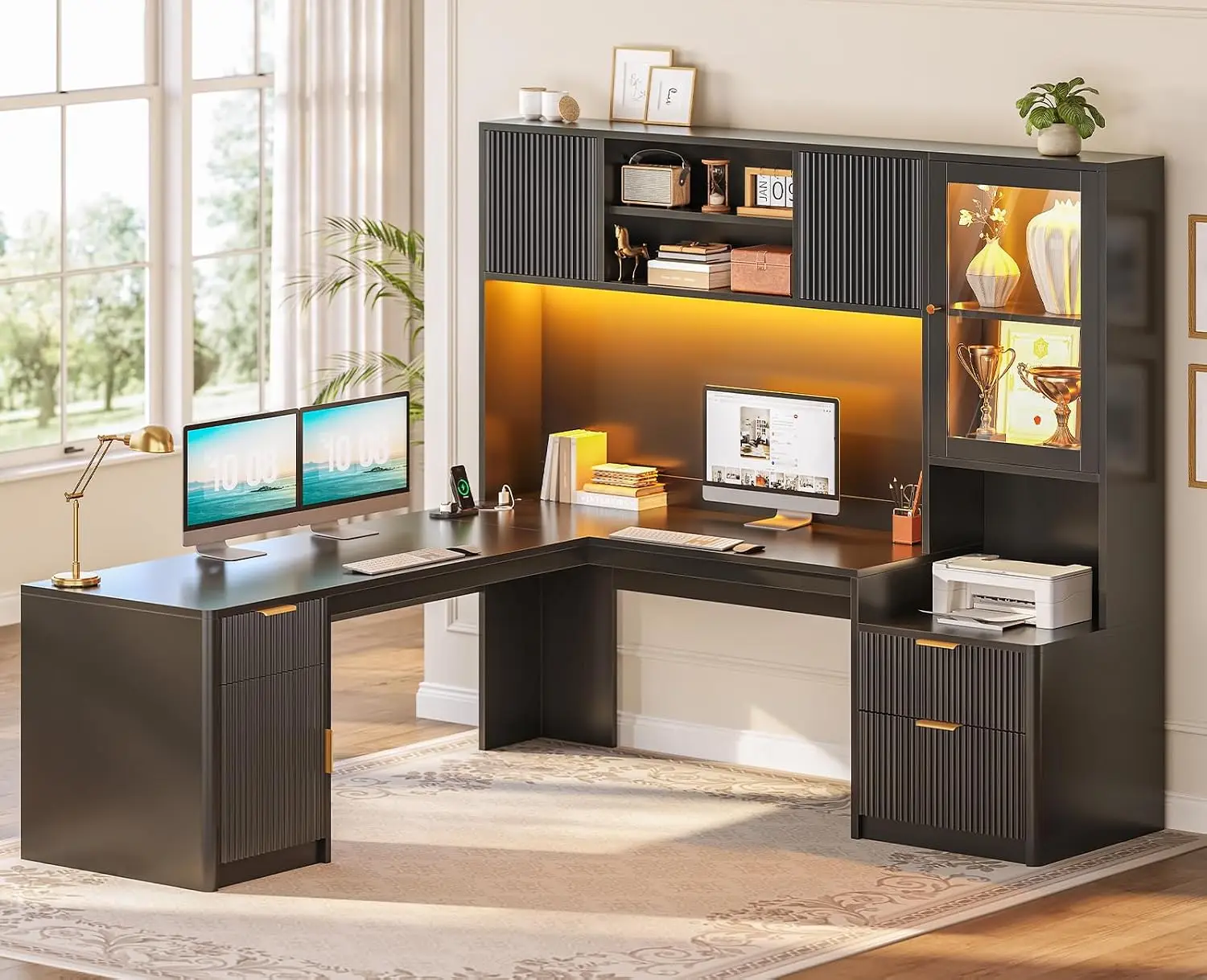 L Shaped Desk with Hutch, RGB LED Corner Desk with Power Outlets, Office Desk with File Drawer, Glass Cabinet, Customized
