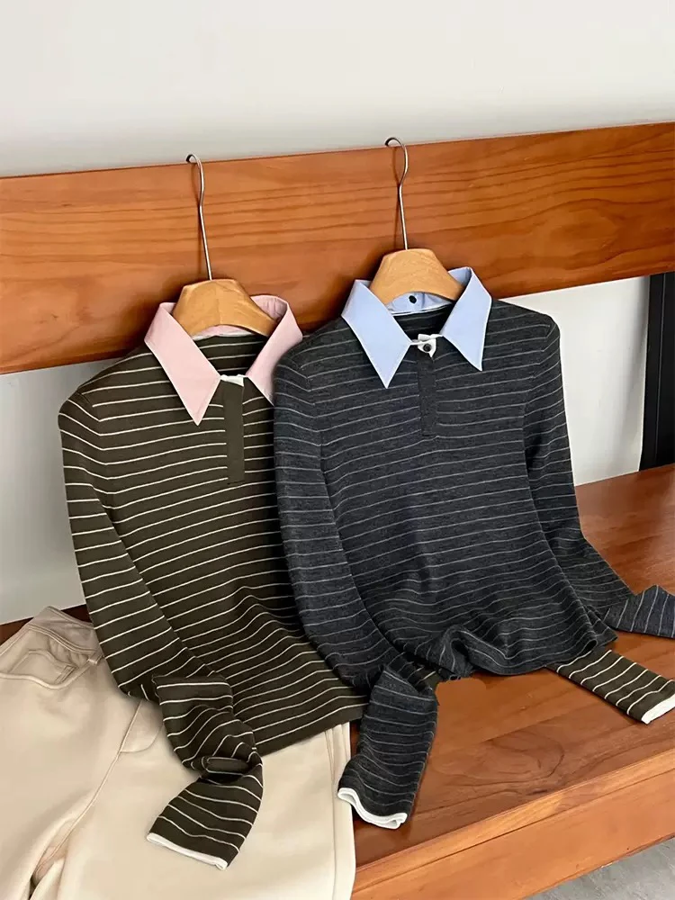 

HEIDD Autumn Winter Woolen Stripe Knitted irt Collar Patchwork Fake Two-Piece Long Sve Women's Faion Outerwear