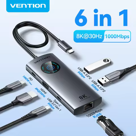 Vention 6 in 1 USB C 8K@30Hz HDMI HUB Smart Led Touch USB 3.0 Ethernet Adapter Docking Station for MacBook Lenovo HP iPad Laptop
