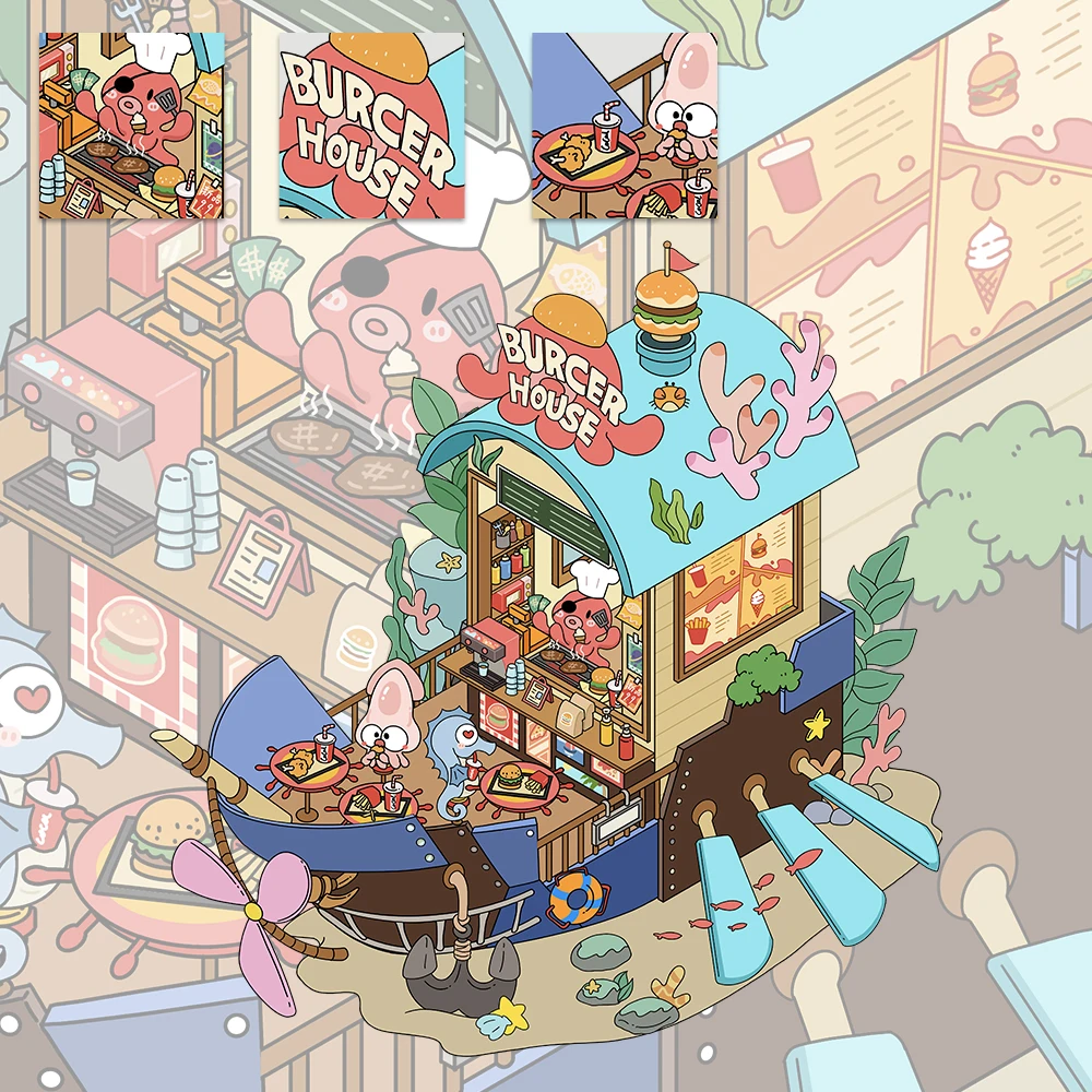 

1Set Cartoon Deep Sea Hamburger Restaurant Landscaping Sticker Fantasy Adventure Journey Miniature Scene House Immersive Collage