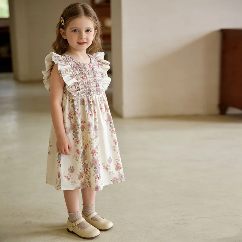 

Новое летнее платье для девочек в стиле Y2K, французское винтажное платье с цветочным узором, вязаное крючком, без рукавов, с круглым вырезом, элегантная детская одежда, модное платье