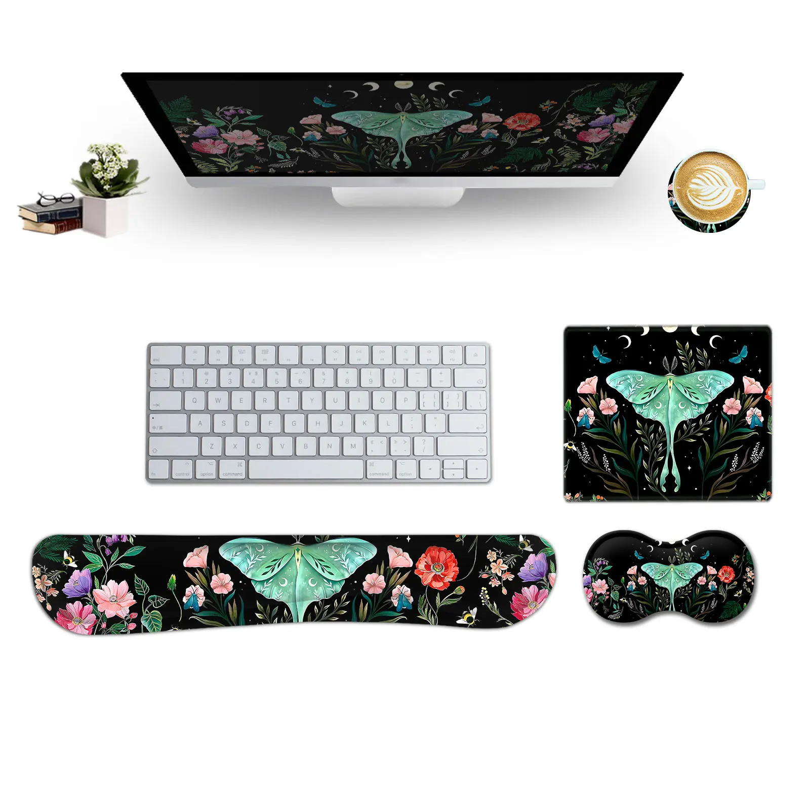 Black Butterfly Mouse Pad Wrist Rest 4-piece set - ergonomic design, effective relief of wrist pain, soft and comfortable