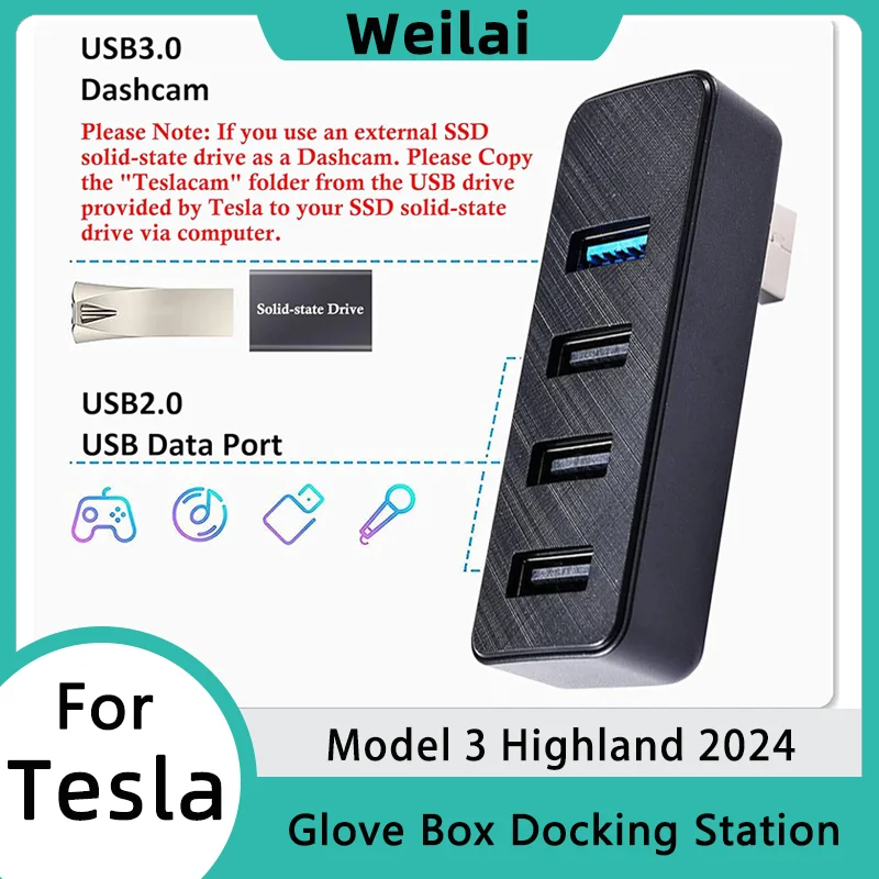 

For Tesla Model 3 Highland 2024 Docking Station 4-in-1 Glove Box USB Hub Multifunction Dash Cam Flash Drive Charger Games Music