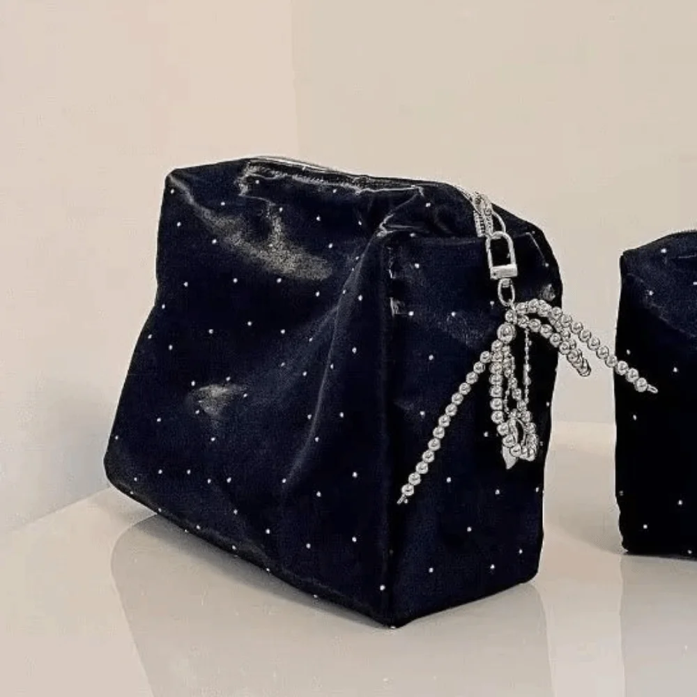 Elegant Luxury Sequin Cosmetic Bag Zipper Handheld Makeup Storage Bag Portable Beaded Bowknot Rhinestone Handbag Carry-On