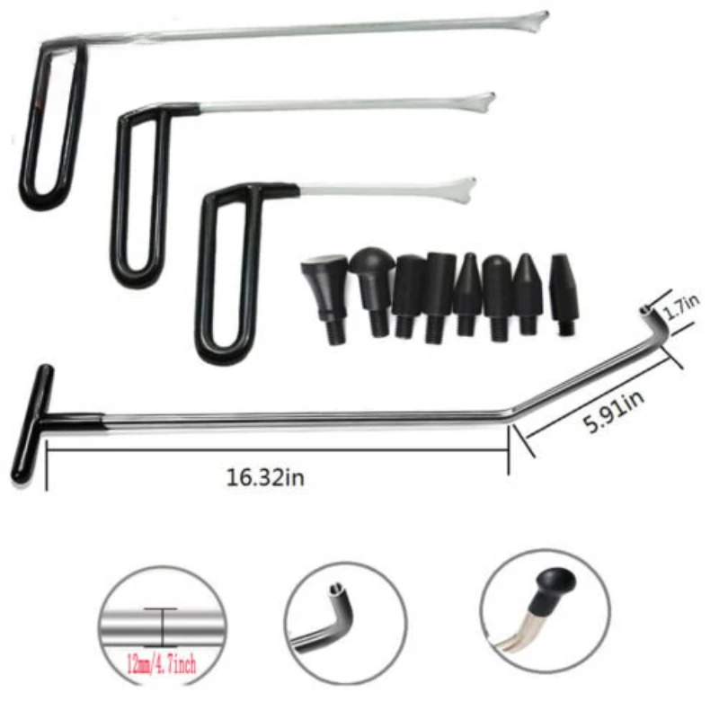 

12Pcs Auto Paintless Hail Damage Repair Puller Dent Removal Tool Stainless Steel Push Rod Hook with Replaceable Head Sheet Metal