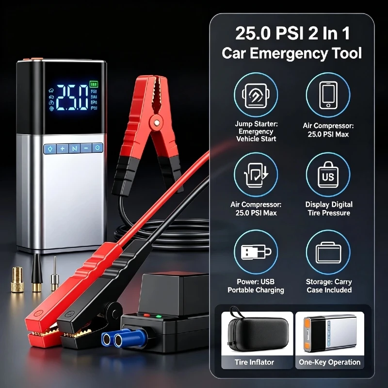12V Car Jump Starter with LCD Display 150PSI Tire Air Compressor Portable Emergency Car Battery Jumper Booster for Vehicles