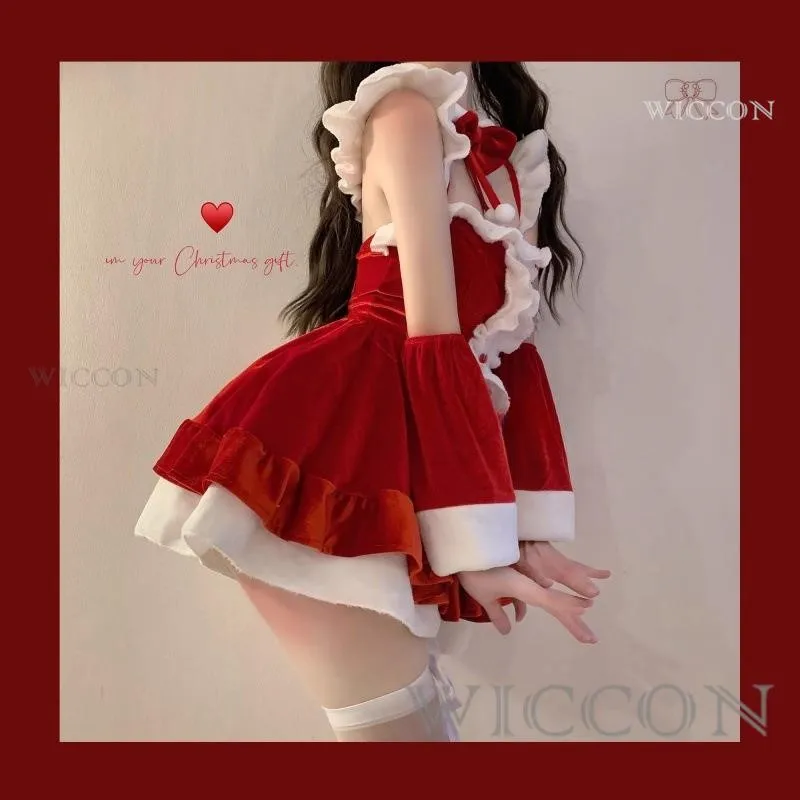 Disfraces de Navidad, vestido rojo de sirvienta Lolita, lencería de conejito de terciopelo suave, trajes de fiesta de Cosplay de Papá Noel rojo, disfraz de Halloween