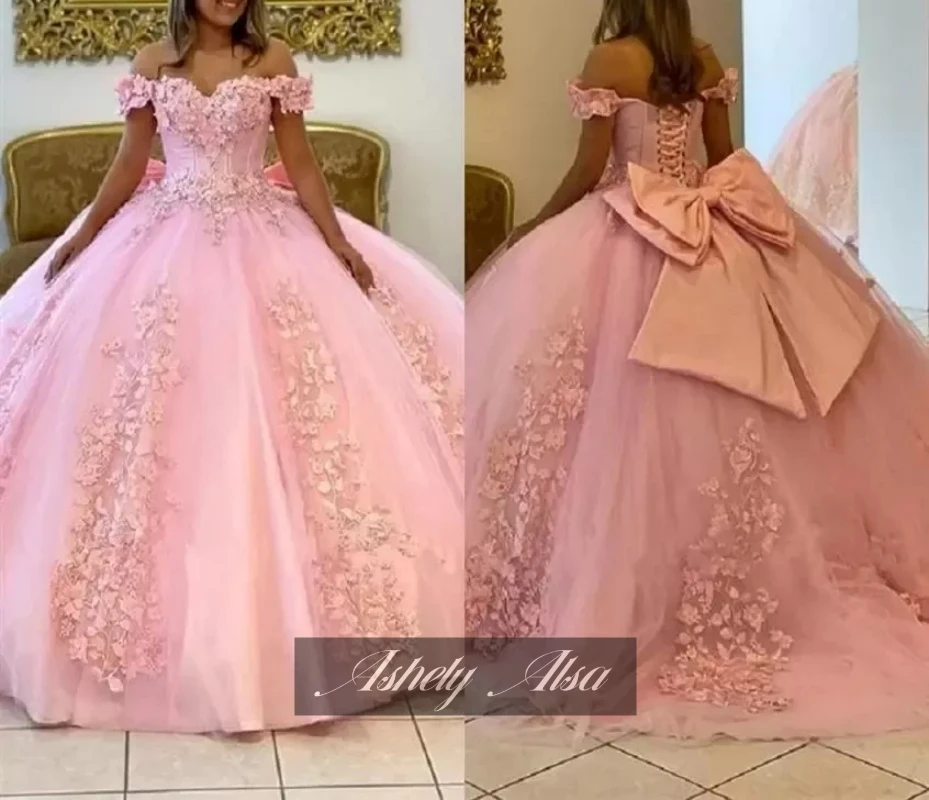 Personalizado rosa vestido de baile fora do ombro flor grande bola saia festa aniversário ocasião vestido de 15 anos quinceanera 16