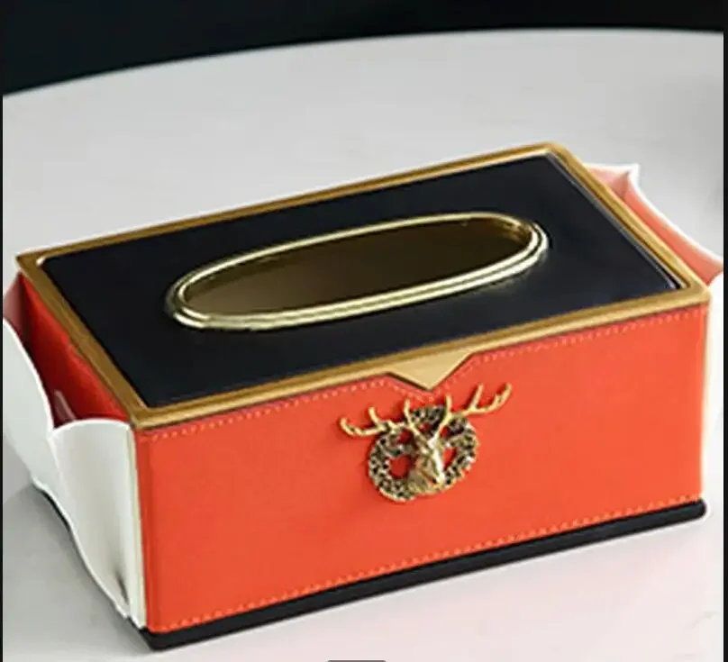 

Resin Leather Rectangular Tissue Box Metal Deer Decoration Multifunction Remote Control Storage Box Napkin Holder Tissue Boxes