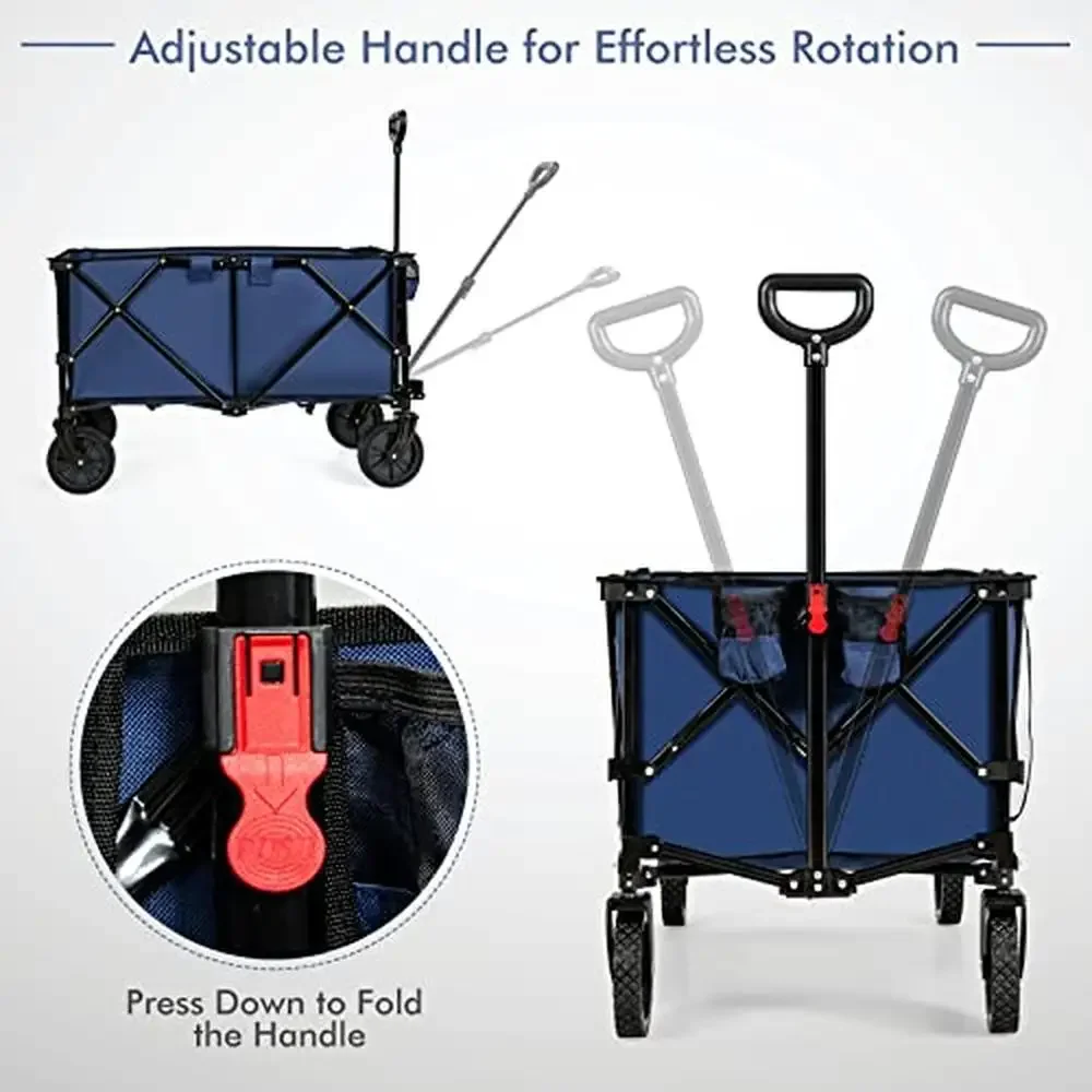 Folding Utility Cart Heavy Duty Steel Frame 180lbs Capacity Adjustable Handle All-Terrain Wheels Shopping Transport Tool Caddy