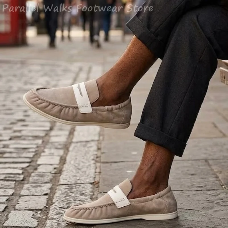 Men Soft Suede Loafers Elastic Slip On Driving Shoes Lightweight Breathable Casual Flats Collapsible Heel Walking Footwear