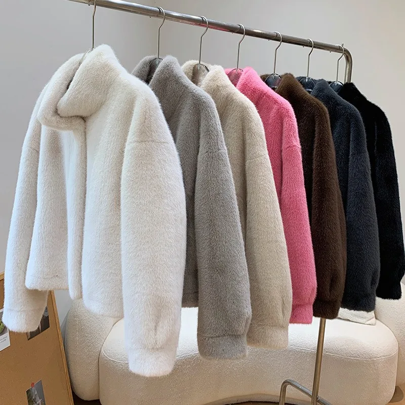 

Fur Integrated Short Style Stand Up Collar Imitation Mink Jacket Environmentally Friendly Women's Autumn and Winter New Product