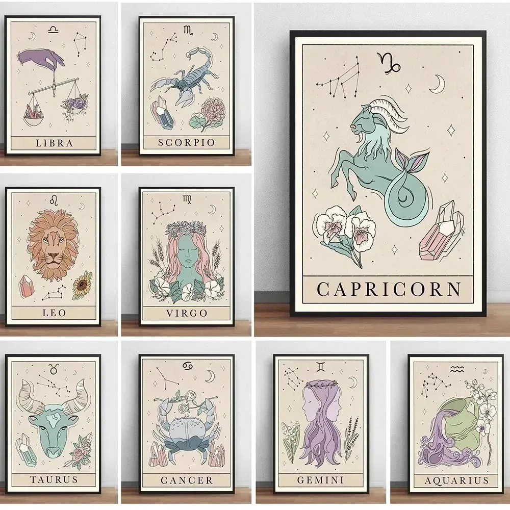 Constellation Posters And Prints Libra Pisce Leo Taurus Cat Wall Art Canvas Painting Nordic Kids Bedroom Home Decoration Picture